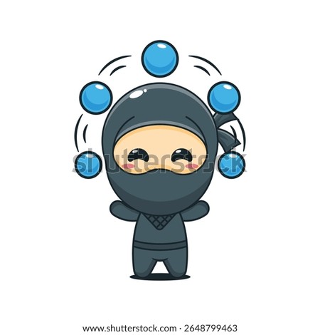 Cute ninja circus attraction with balls cartoon vector illustration