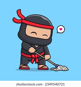 Joli Sol De Nettoyage De Ninja Avec Illustration Vectorielle De Dessin En Mop. Icône Personnes Fêtes Concept Isolé Image Vectorielle Premium Isolée. Style de dessin à plat