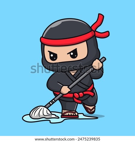Cute Ninja Cleaning Floor With Mop Cartoon Vector Icon Illustration. People Holiday Icon Concept Isolated Premium Vector. Flat Cartoon Style