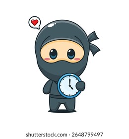 Ninja bonito com ilustração do vetor do desenho animado do relógio