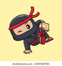 Cute Ninja Courier Delivery Package Cartoon Vector Icon Illustration. People Holiday Icon Concept Isolated Premium Vector. Flat Cartoon Style