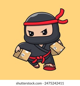 Cute Ninja Courier Delivery Package Cartoon Vector Icon Illustration. People Holiday Icon Concept Isolated Premium Vector. Flat Cartoon Style