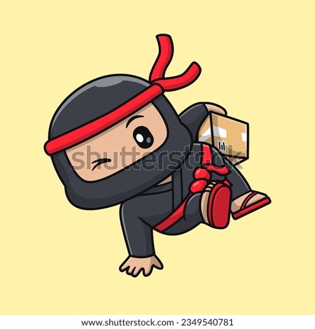 Cute Ninja Courier Delivery Package Cartoon Vector Icon Illustration. People Holiday Icon Concept Isolated Premium Vector. Flat Cartoon Style