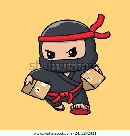 Cute Ninja Courier Delivery Package Cartoon Vector Icon Illustration. People Holiday Icon Concept Isolated Premium Vector. Flat Cartoon Style