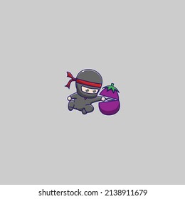cute ninja is cutting eggplant