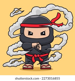 Cute Ninja Disappear Power Cartoon Vector Icon Illustration. People Holiday Icon Concept Isolated Premium Vector. Flat Cartoon Style