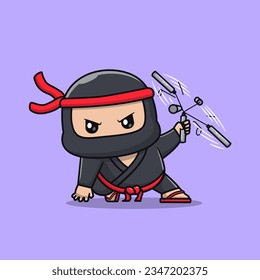 Ninja Cuta Con Ilustración Del Icono Del Vector De Caricatura Con Arma Doble Palo. Vector Premium Aislado De Icono De Festividad. Estilo de dibujo plano