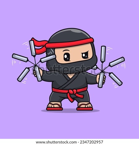 Cute Ninja With Double Stick Weapon Cartoon Vector Icon Illustration. People Holiday Icon Concept Isolated Premium Vector. Flat Cartoon Style