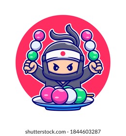 Cute Ninja Eating Dango Cartoon Vector Icon Illustration. People Food Icon Concept Isolated Premium Vector. Flat Cartoon Style