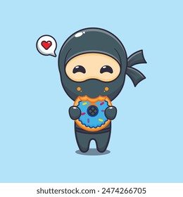 Cute ninja eating donut cartoon vector illustration.
Vector cartoon Illustration suitable for poster, brochure, web, mascot, sticker, logo and icon.