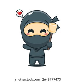 Lindos ninja comendo marshmallow desenho animado vetor ilustração