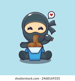 Cute ninja eating noodle cartoon vector illustration. Vector cartoon Illustration suitable for poster, brochure, web, mascot, sticker, logo and icon.