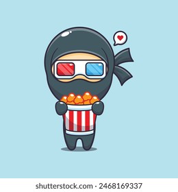 Cute ninja eating popcorn with 3d glasses cartoon vector illustration. Vector cartoon Illustration suitable for poster, brochure, web, mascot, sticker, logo and icon.