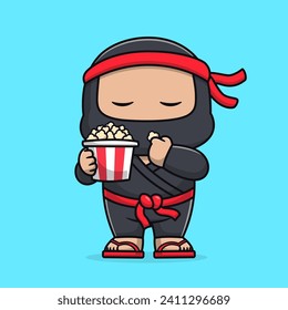 Cute Ninja Eating Popcorn Cartoon Vector Icon Illustration,
People Food Icon Concept Isolated Premium Vector. Flat
Cartoon Style