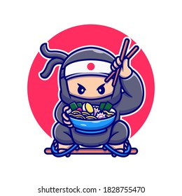 Cute Ninja Eating Ramen Cartoon Vector Icon Illustration. People Food Icon Concept Isolated Premium Vector. Flat Cartoon Style