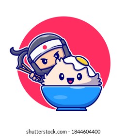 Cute Ninja Eating Tamago Rice Bowl With Chopstick Cartoon Vector Icon Illustration. People Food Icon Concept Isolated Premium Vector. Flat Cartoon Style