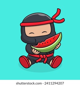 Cute Ninja Eating Watermelon Cartoon Vector Icon
Illustration. People Food Icon Concept Isolated Premium
Vector. Flat Cartoon Style