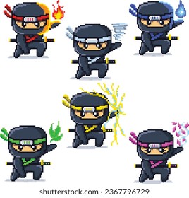 cute ninja elements 8 bit pixel vector illustration set