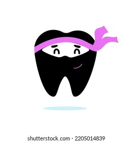 Cute Ninja Fairy tooth for dental banner. Samurai Tooth for kids for dentistry. Smile happy character.