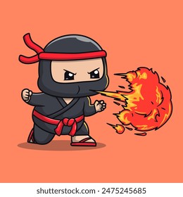 Lindo Luchador Ninja Soplando Fuego Dibujos Animados Vector Ilustración. Personas Festiva Icon Concept Vector de Premium aislado. Estilo plano de dibujos animados