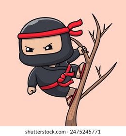 Lindo Luchador Ninja Colgando En El Árbol Ilustración De Vector De Dibujos Animados. Personas Festiva Icon Concept Vector de Premium aislado. Estilo plano de dibujos animados