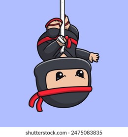 Cute Ninja Fighter Hanging Rope Cartoon Vector Icon Illustration. People Holiday Icon Concept Isolated Premium Vector. Flat Cartoon Style