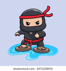 Lindo luchador Ninja que lleva la ilustración del icono del Vector de dibujos animados de la zapatilla de madera. Personas Festiva Icon Concept Vector de Premium aislado. Estilo plano de dibujos animados