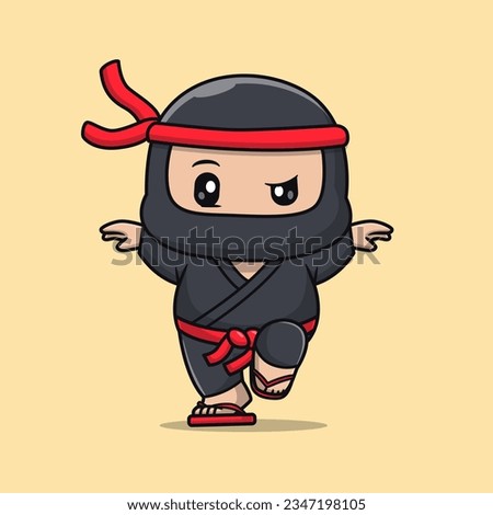 Cute Ninja Flying Pose Cartoon Vector Icon Illustration. People Holiday Icon Concept Isolated Premium Vector. Flat Cartoon Style