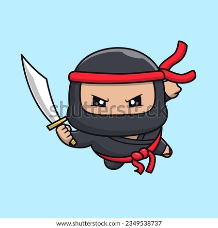 Cute Ninja Flying With Sword Cartoon Vector Icon Illustration. People Holiday Icon Concept Isolated Premium Vector. Flat Cartoon Style