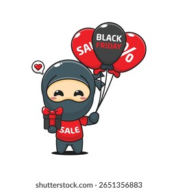 ninja bonito com presentes e balões na sexta-feira preta venda desenho animado vetor ilustração
