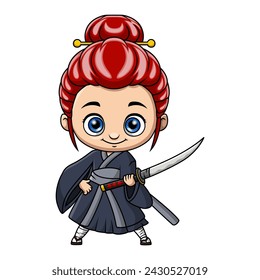 Cute ninja girl cartoon holding a sword