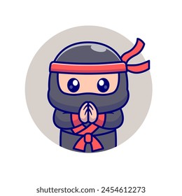 Cute Ninja Greeting Cartoon Vector Icon Illustration. Science Holiday Icon Concept Isolated Premium Vector. Flat Cartoon Style