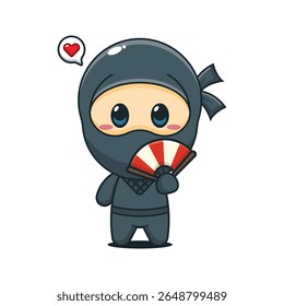 Ninja bonito com mão fã desenho animado vetor ilustração