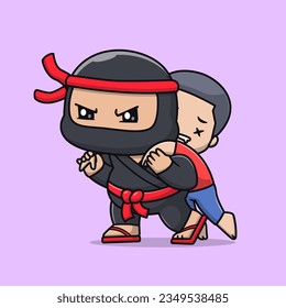 Cute Ninja Helping Boy Cartoon Vector Icon Illustration. People Holiday Icon Concept Isolated Premium Vector. Flat Cartoon Style