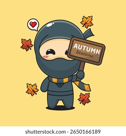 Ninja bonito segurando placa de sinais de outono no dia de outono desenho animado vetor ilustração