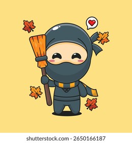 Cute ninja holding broom in autumn day cartoon vector illustration