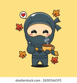 Ninja bonito segurando uma xícara de café no dia de outono desenho animado vetor ilustração