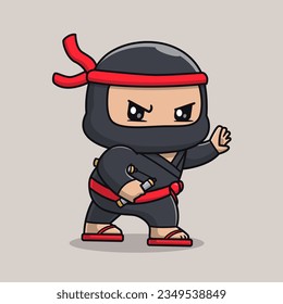 Cute Ninja Holding Double Stick Cartoon Vector Icon Illustration. People Holiday Icon Concept Isolated Premium Vector. Flat Cartoon Style
