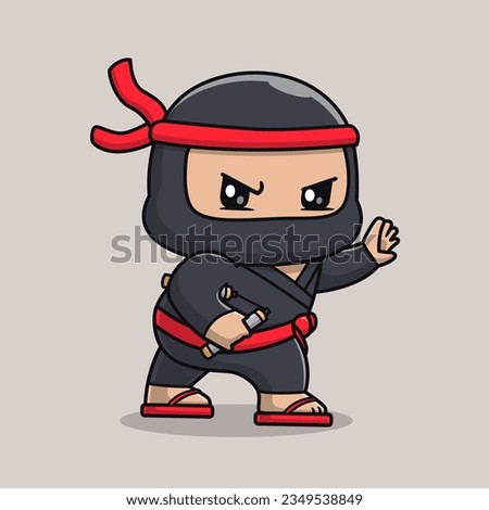 Cute Ninja Holding Double Stick Cartoon Vector Icon Illustration. People Holiday Icon Concept Isolated Premium Vector. Flat Cartoon Style