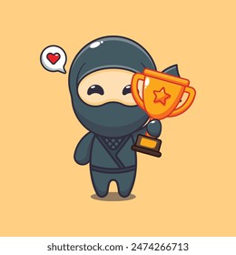 Cute ninja holding gold trophy cup cartoon vector illustration.
Vector cartoon Illustration suitable for poster, brochure, web, mascot, sticker, logo and icon.