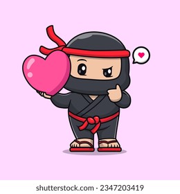 Cute Ninja Holding Love Heart Balloon Cartoon Vector Icon Illustration. People Holiday Icon Concept Isolated Premium Vector. Flat Cartoon Style