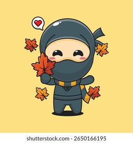 Bonito ninja segurando folha de bordo no outono desenho animado vetor ilustração