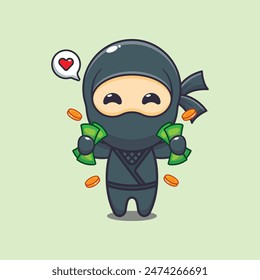 Cute ninja holding money cartoon vector illustration.
Vector cartoon Illustration suitable for poster, brochure, web, mascot, sticker, logo and icon.