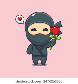 Cute ninja holding rose flower cartoon vector illustration.
Vector cartoon Illustration suitable for poster, brochure, web, mascot, sticker, logo and icon.