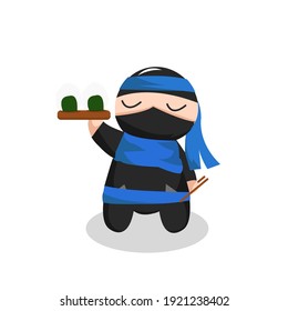 Cute ninja Holding Two Onigiri Rice Ball. For Japanese Food content. Flat cartoon, flat design isolated on white