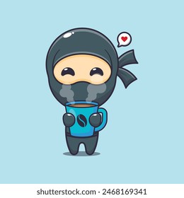 Cute ninja with hot coffee cartoon vector illustration. Vector cartoon Illustration suitable for poster, brochure, web, mascot, sticker, logo and icon.