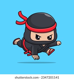 Cute Ninja Jump Cartoon Vector Icon Illustration. People Holiday Icon Concept Isolated Premium Vector. Flat Cartoon Style