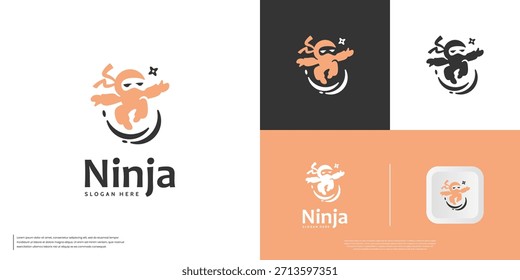 Lindo ninja saltando, estilo divertido, símbolo de los guerreros japoneses, Plantilla de Diseño gráfico.