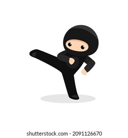 Cute ninja kicking. Vector illustration isolated on white background 