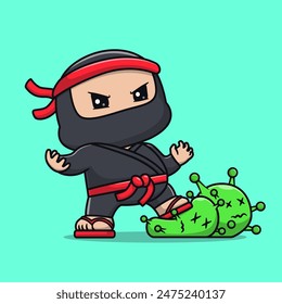 Cute Ninja Kill Virus Cartoon Vector Icon Illustration. People Holiday Icon Concept Isolated Premium Vector. Flat Cartoon Style